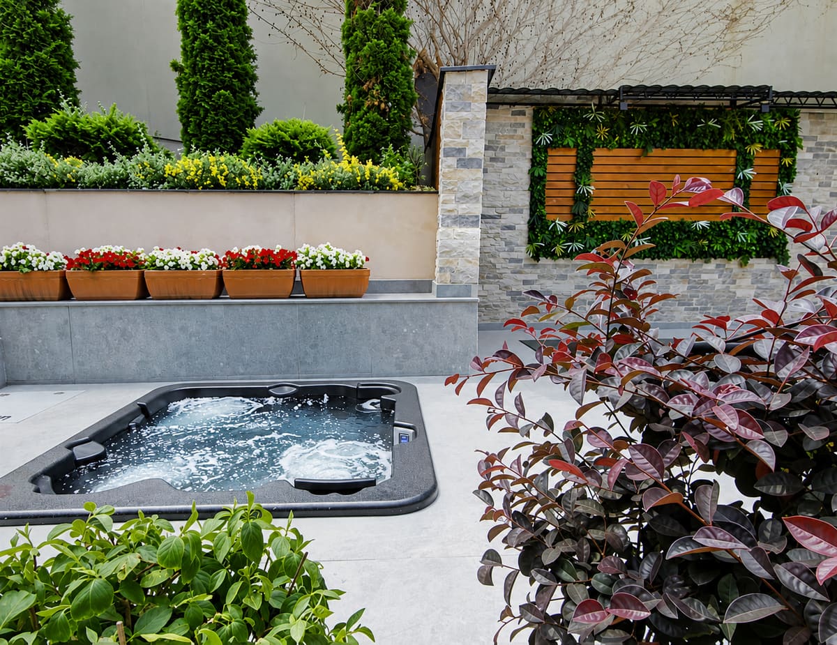 Spa intégré dans un jardin d'eau paysager